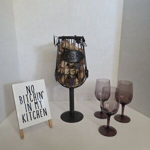 Black Metal Cork Holder with Purple Wine Glasses